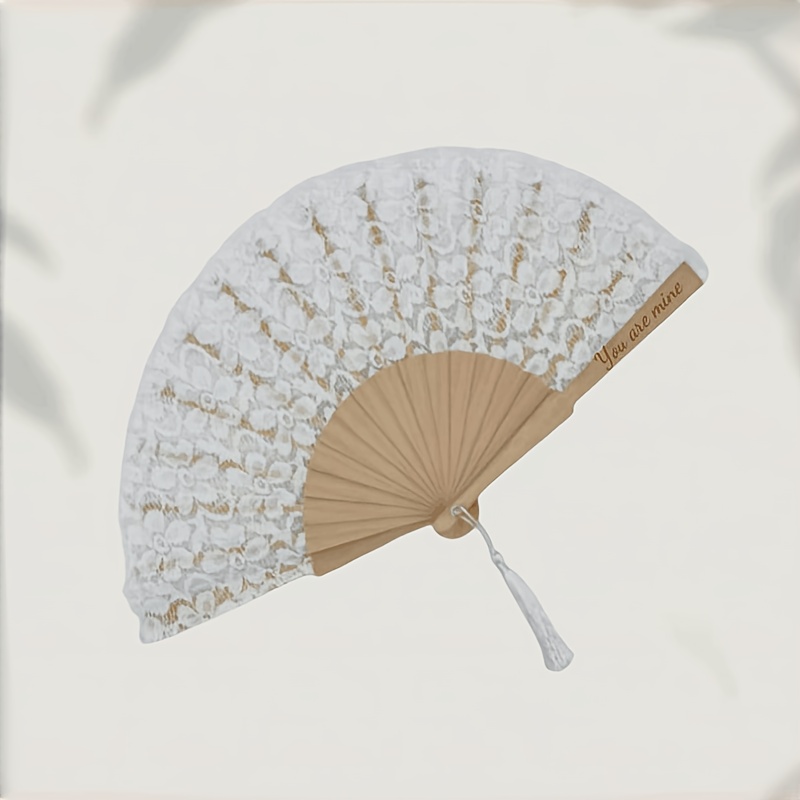 TEMU Personalized Bohemian Wedding Fan - Custom Name & Date Solid Wood & Polyester Tassel Decorative Fan With Lace-like Floral Cutouts For Weddings,