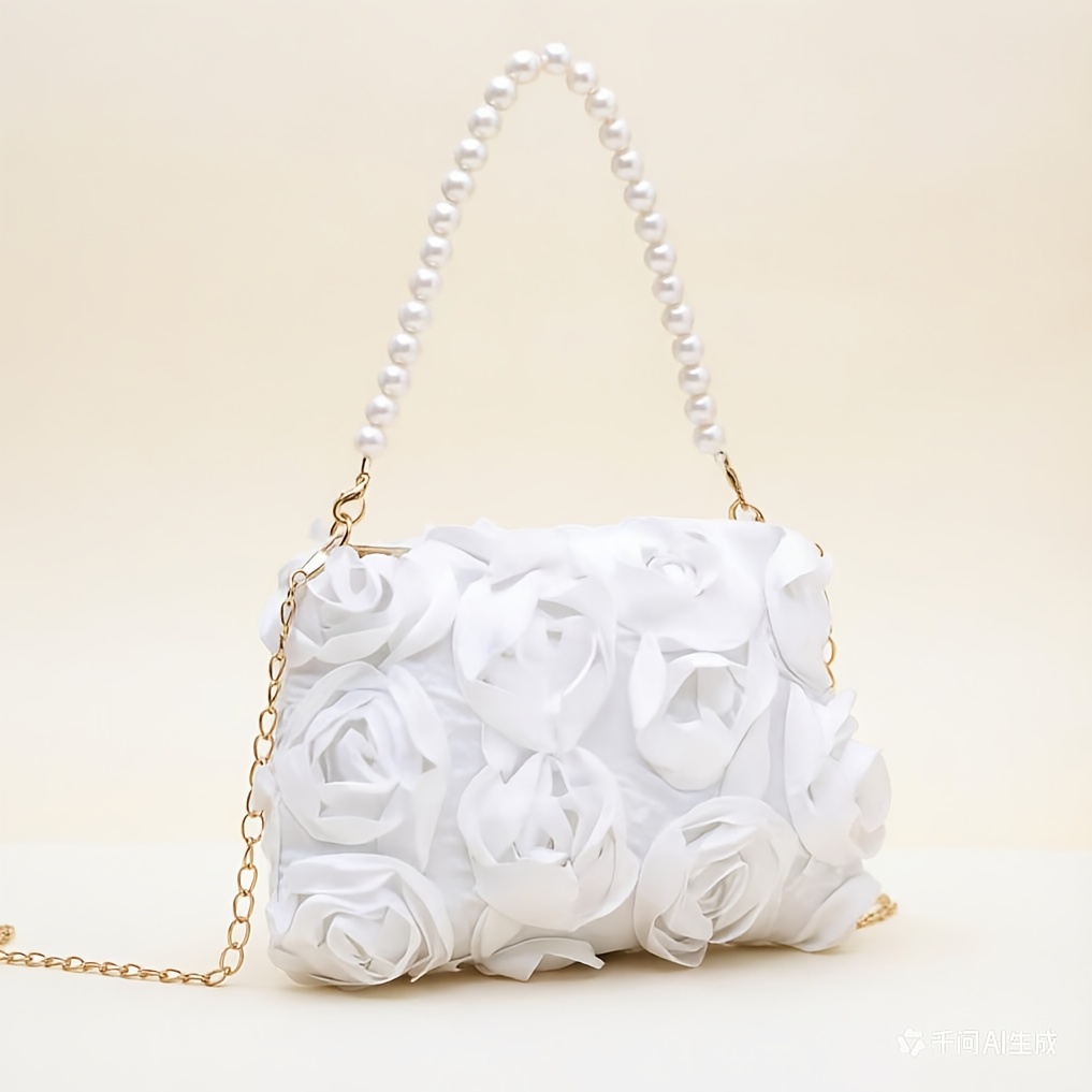 [Women's Evening Handbag] A Stylish New Women's Evening Handbag Featuring an Elegant Rose Flower Design. It Comes with a Metal Chain That Allows for Shoulder Or Hand Carrying, Making It Versatile for Shopping, Casual Outings, And Evening Events