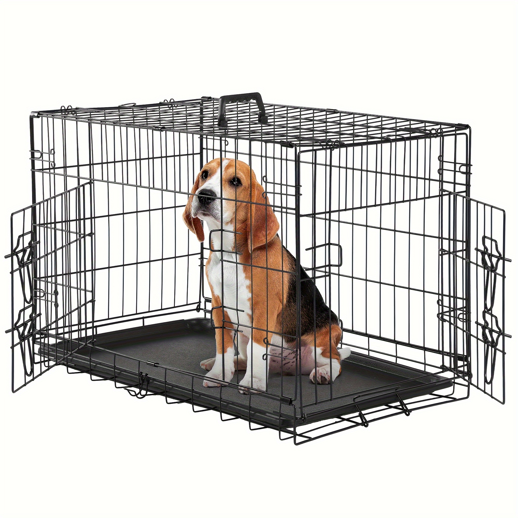 

[sweetcrispy] Double Door Dog Cage With Divider Panel, Folding Metal Wire Dog Cage With Plastic Leak-proof Pan Tray For Indoor, Outdoor, Travel