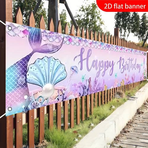 2d flat 2d flat a 2d flat banner themed around a mermaid birthday party featuring a mermaid tail and castle decorations this banner is suitable for party settings and hung up without the need for electricity
