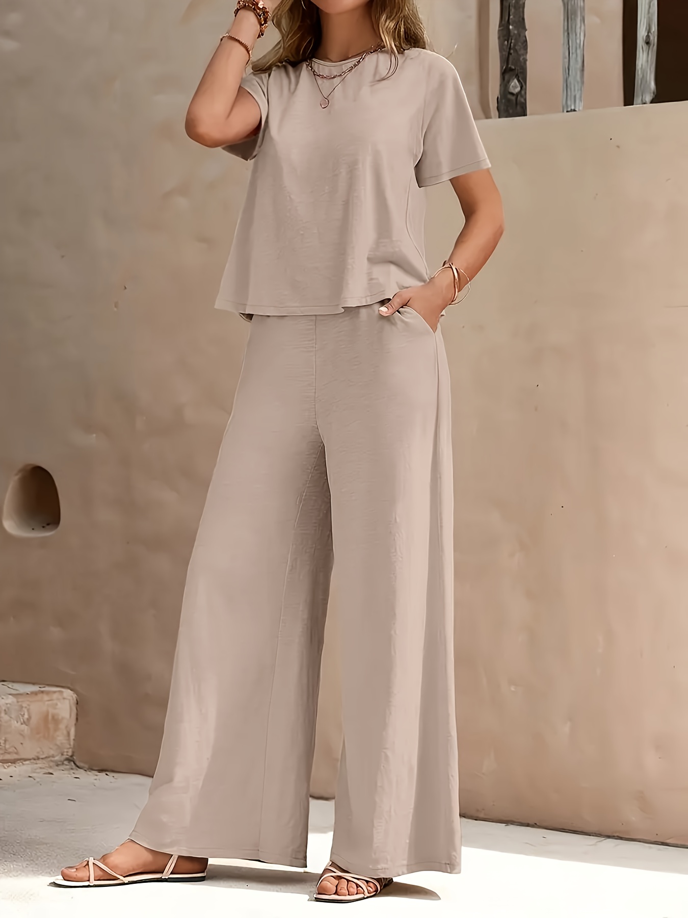 2pcs Women'S Loungewear Set Soft Comfortable Short Sleeve Top with  Pockets, Loose Wide Leg Pants Home, Beach Vacation, Suitable for  Relaxed - Main Image