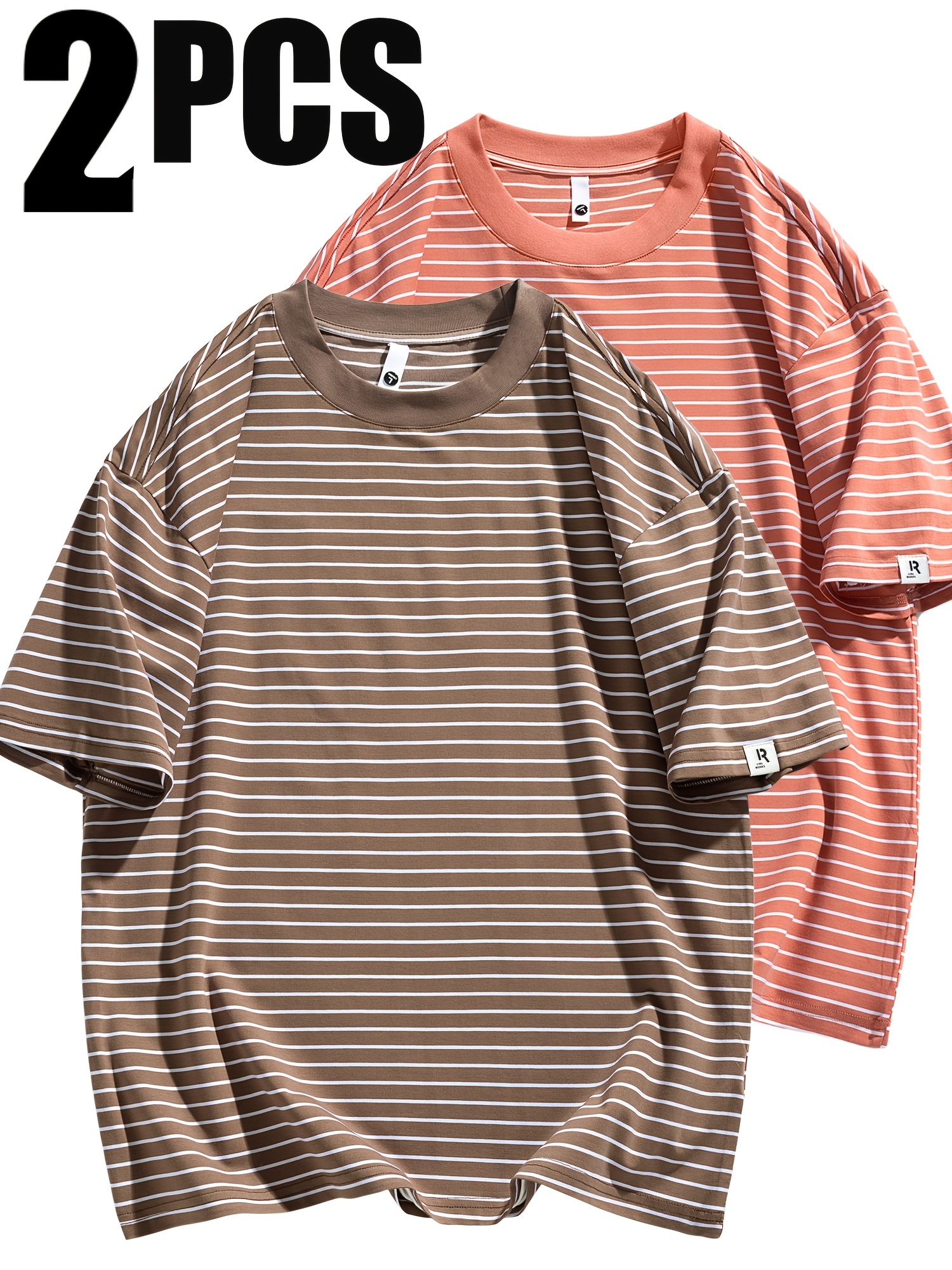 item picture 2pcs set mens striped crew neck t shirt fashionable vintage striped short sleeve crew neck top