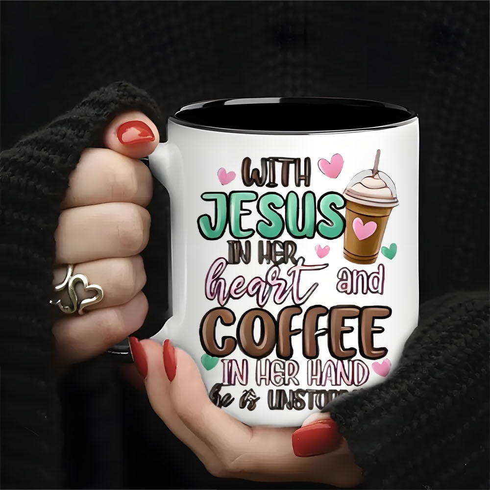 Embracing In And Coffee In , She Becomes . This Ceramic Mug, Holding 11 Ounces, Features A Christian Theme And Serves As A Gift For Birthdays, Holidays, And Easter