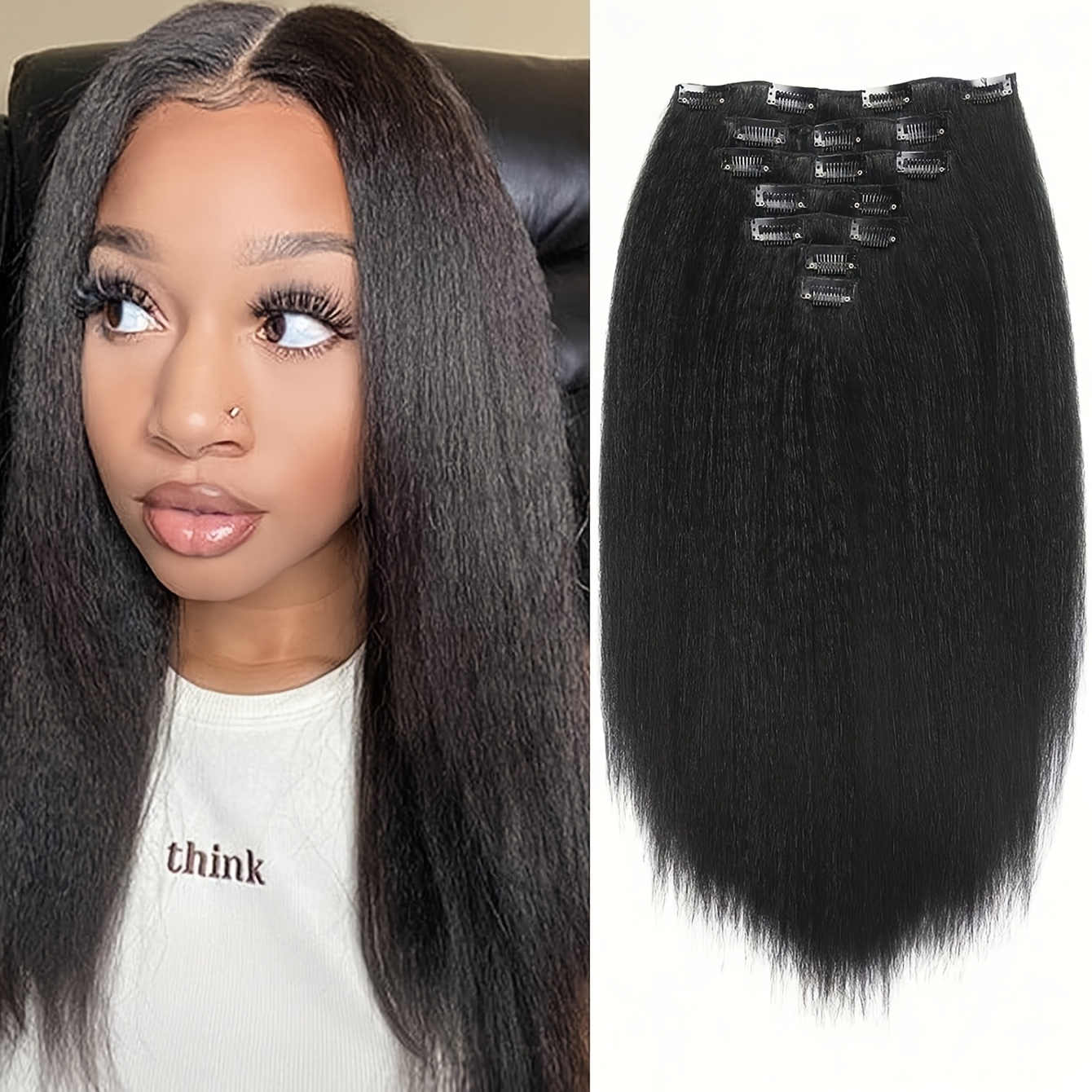 TEMU 7pcs Clip-in Hair Extensions For - Straight Synthetic Hair With Yagi Clips, Black Color, Coverage Wig Extensions (no Glue/tools) - -on For