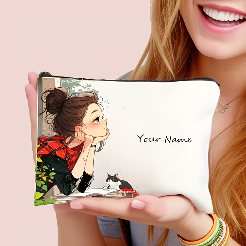 TEMU 1pc, Personalized Name Cosmetic Bag, Vintage Cute Girl Pattern Makeup Bag, Cosmetic Pouch, Travel Makeup Bag, Clutch, Toiletry Bag, Pencil Case,