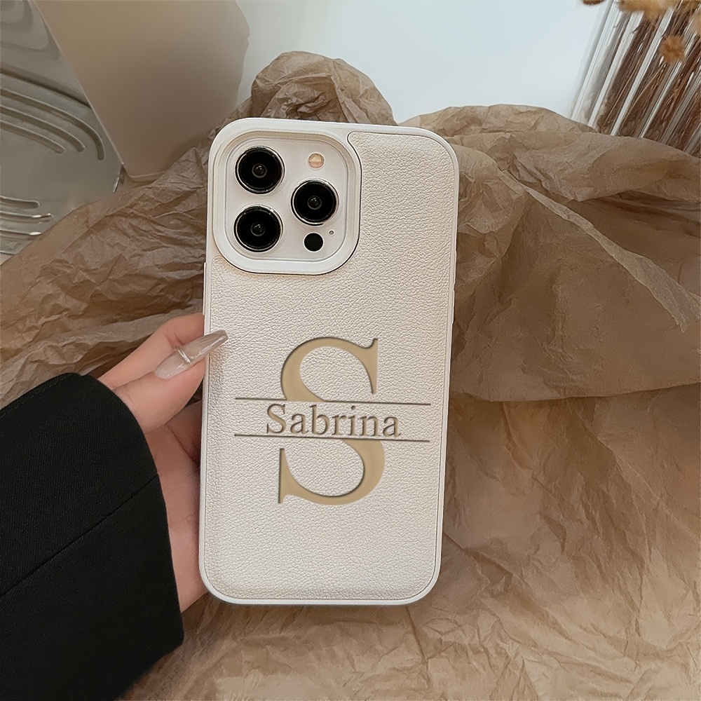 Personalized Phone Case for iPhone 16 15 14 13 12 11 Pro Max Customized Initials Name Luxury Laser Engraving Big Letter Soft Faux Leather Shockproof DIY Engraved Gift Cover 16 Plus