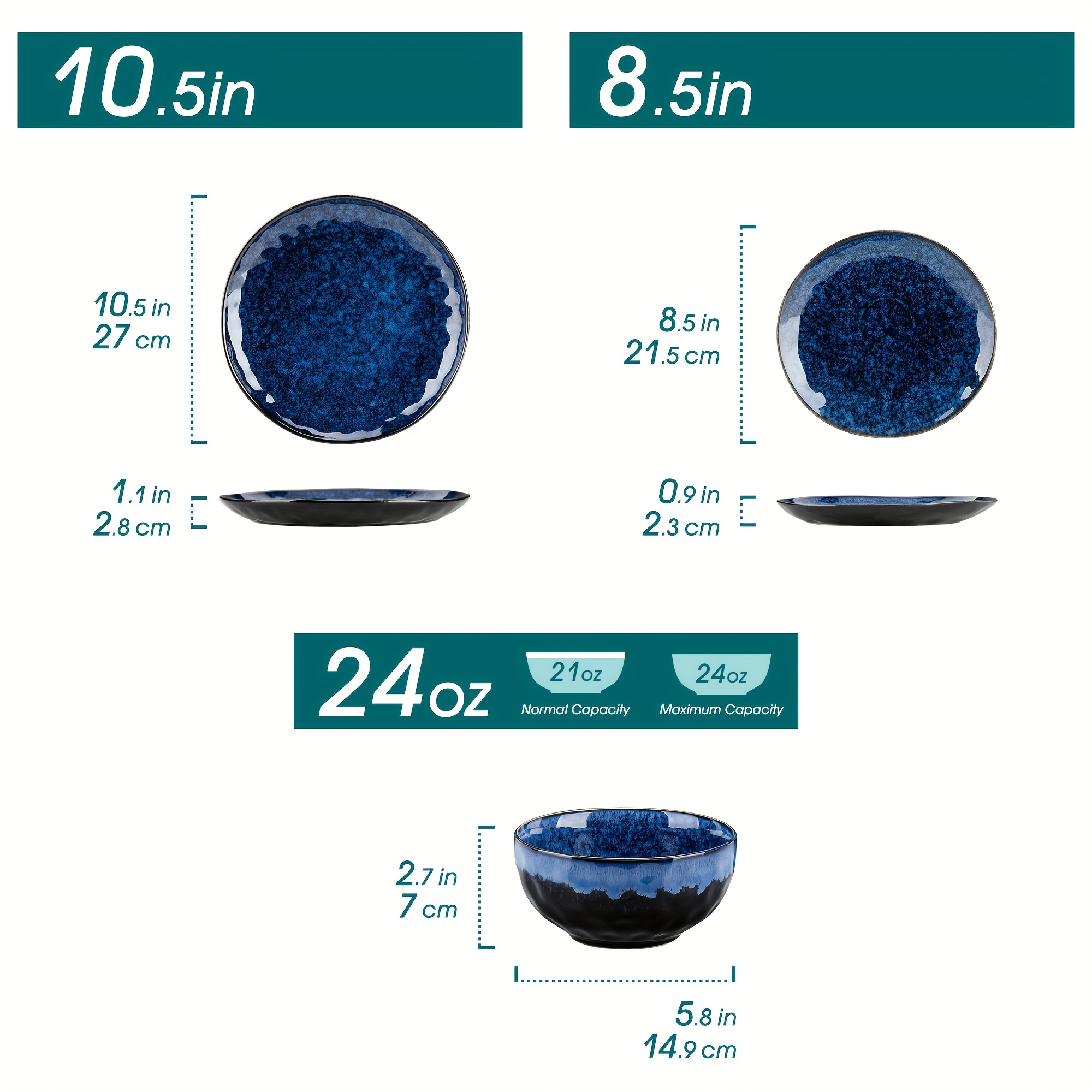 12pcs Dinner Set Vintage Look Ceramic Blue Stoneware Tableware Set With Dinner Plate, Dessert Plate, Bowl