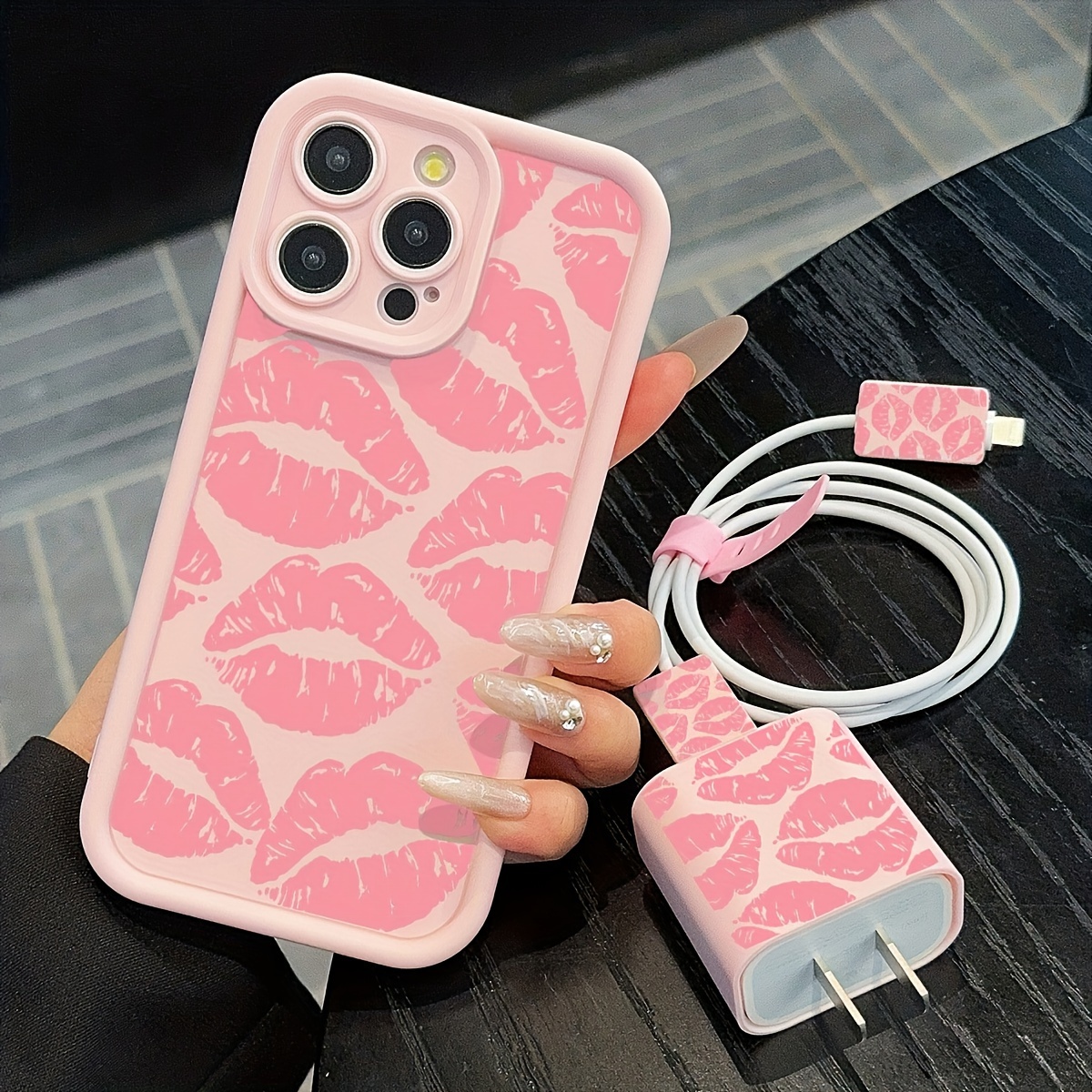 5pcs set of colorful heart-shaped pink mobile phone cases + data cable protective cases, compatible with Apple fast charging cables, suitable for iPhone11/12/12promax/13/13promax/14/14pro/14plus/14promax/15/15pro/16/16plus/16promax/16pro/15promax protective set
