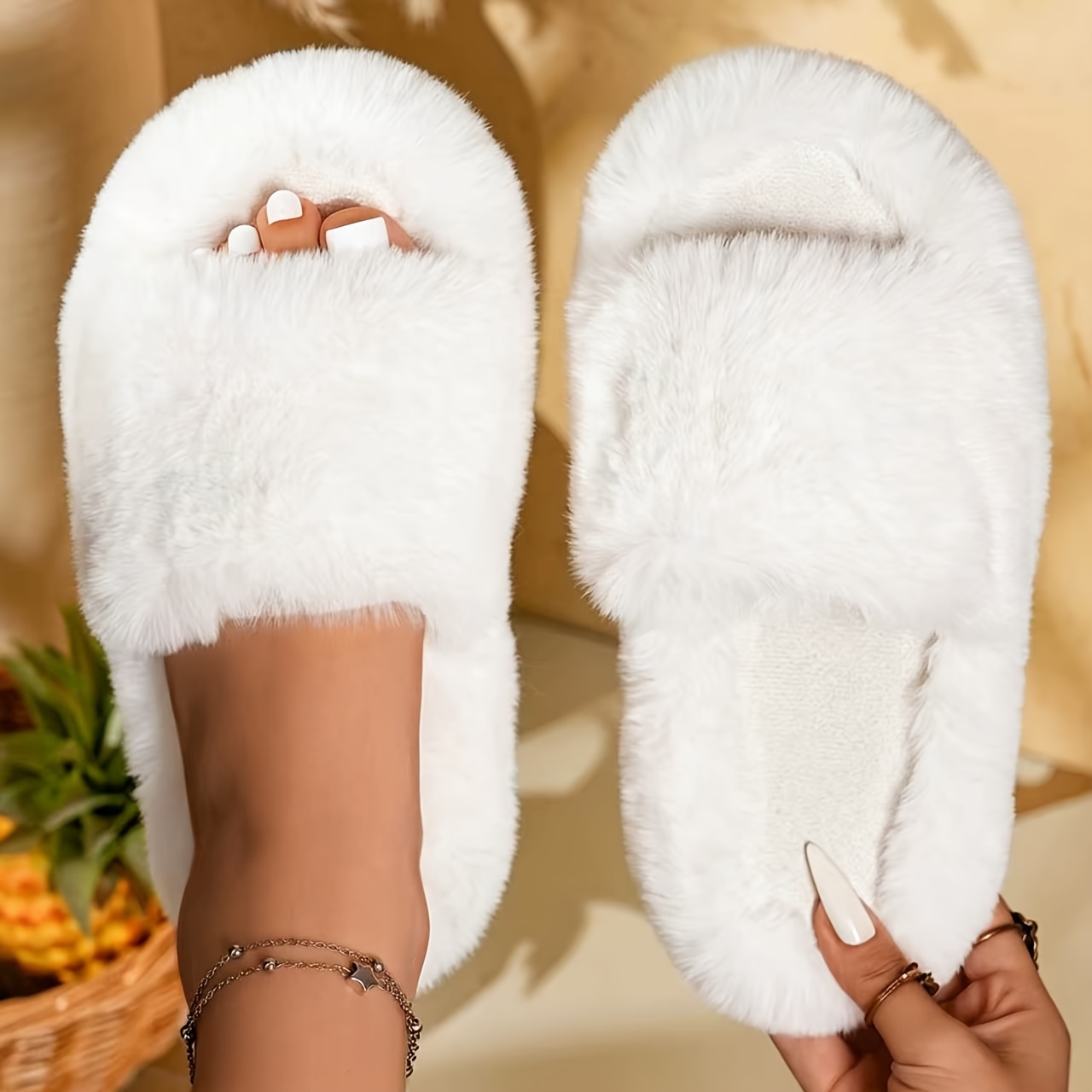 TEMU Fluffy Large Plush Toe-post Lazy Slippers, Rental House Daily Living / Short- Stay Vacation / Casual Plush Slippers, Women Shoes