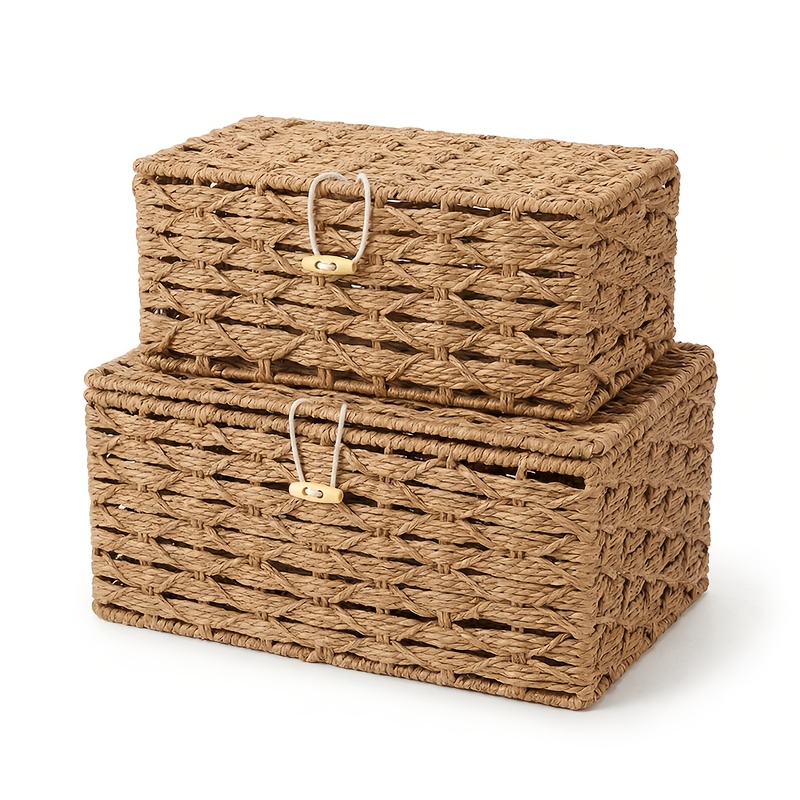2pcs Storage Baskets With Lids, Small And Large Combination Storage Boxes, Dressing Table Desktop Cosmetics, Bathroom Cabinet Kitchen Storage Baskets, Shelf Baskets