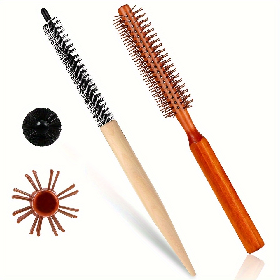 

2pcs Mini Round Hair Brushes, Nylon Styling Combs For Curly & Straight Hair, For Lotus Wood Handle, Roll For Care