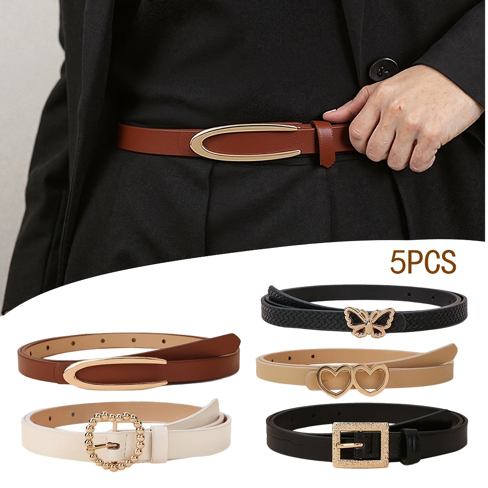 TEMU 5pcs Fashionable Pu Belts With Vintage Buckles Multicolor Solid Colors For Jeans And Casual Wear