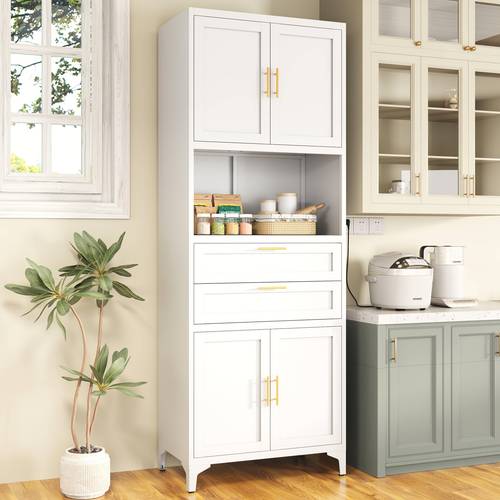 74 8 modern white metal kitchen pantry cabinet with adjustable shelves drawers countertop freestanding storage cupboard for kitchen dining room bathroom living room 3 2 cubic feet capacity kitchen cabinets elegant handles