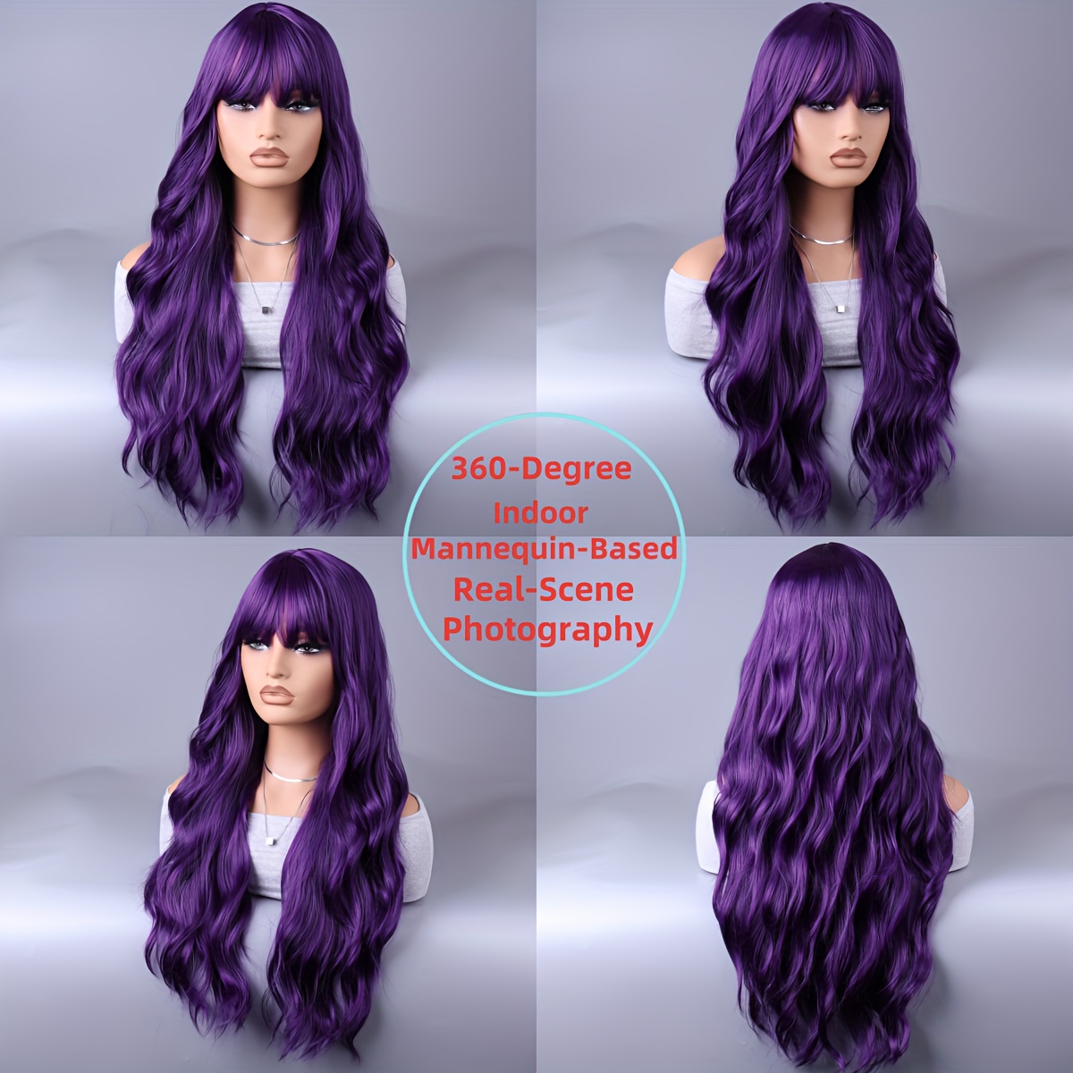 28 inch long purple wavy synthetic hair wig bangs Temu Canada