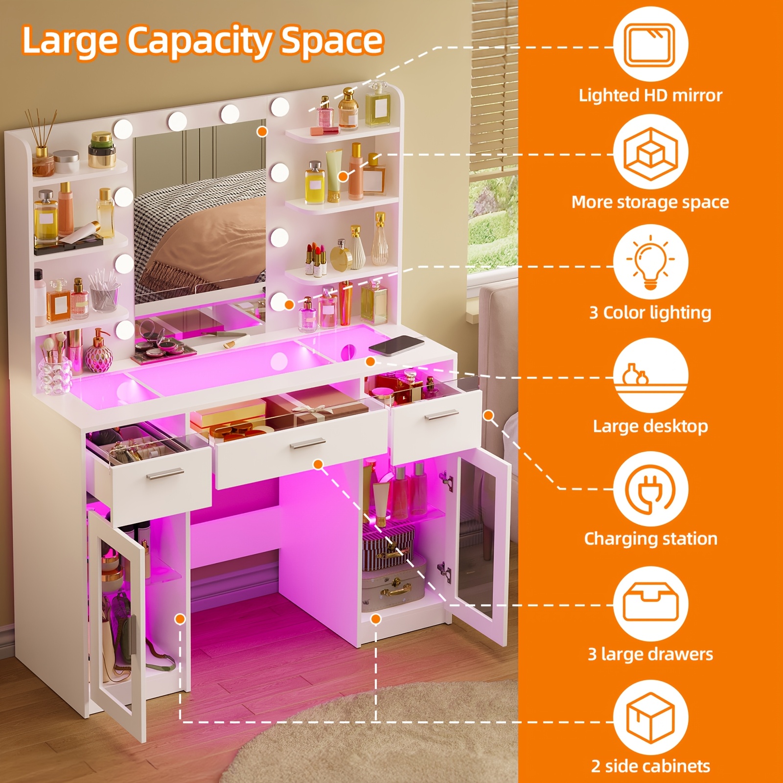 TOMNK Large Dressing Table with LED Mirror, Makeup Vanity, 3 Drawers, 4 Shelves, Ample Storage Space, Suitable for Bedrooms And Bathrooms, in White