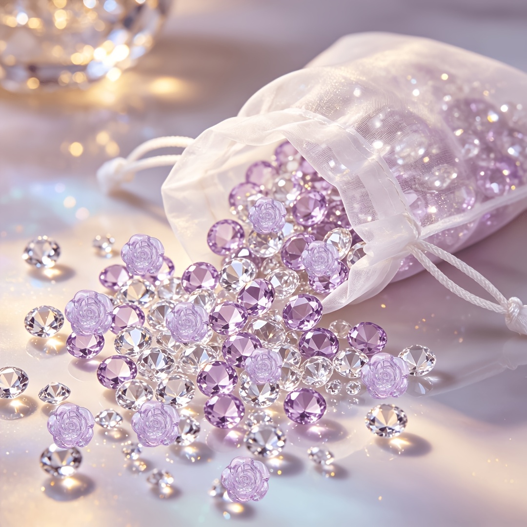 TEMU 490pcs, Large Acrylic Purple Diamond, Clear Fake Gems Crystals, Rose Flower, Vase Filler, Shiny Simulated Diamonds For Vase Filling Decorations,