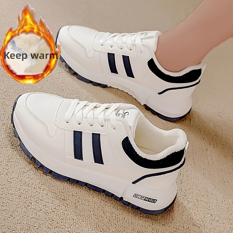 Winter Warm Casual Sneakers for Women Flannel Lined Lightweight *-* Shoes  with Round Toe and Non-Slip PU Sole Only Solid Color Lace-Up Trainers 