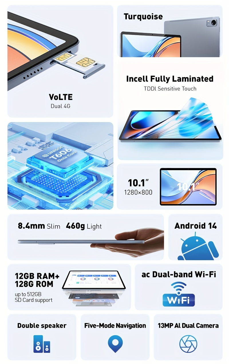 android 14 tablet 10 1 inch face   t606     chip 12gb   128gb rom support expansion 1tb of storage google certified     5gwifi front and rear dual cameras with charger leather case details 2