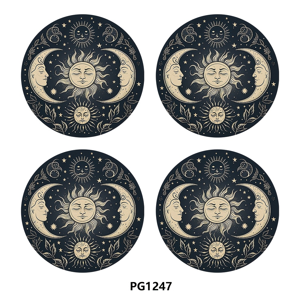 TEMU 4pcs Sun Moon Pattern Car Coaster, 2.75in Round Decorative Car Coaster, Home And Car Water Cup Mat, Beverage Mat, Men's And Women' Interior Accessories, Decorative Coaster - Sun And Moon