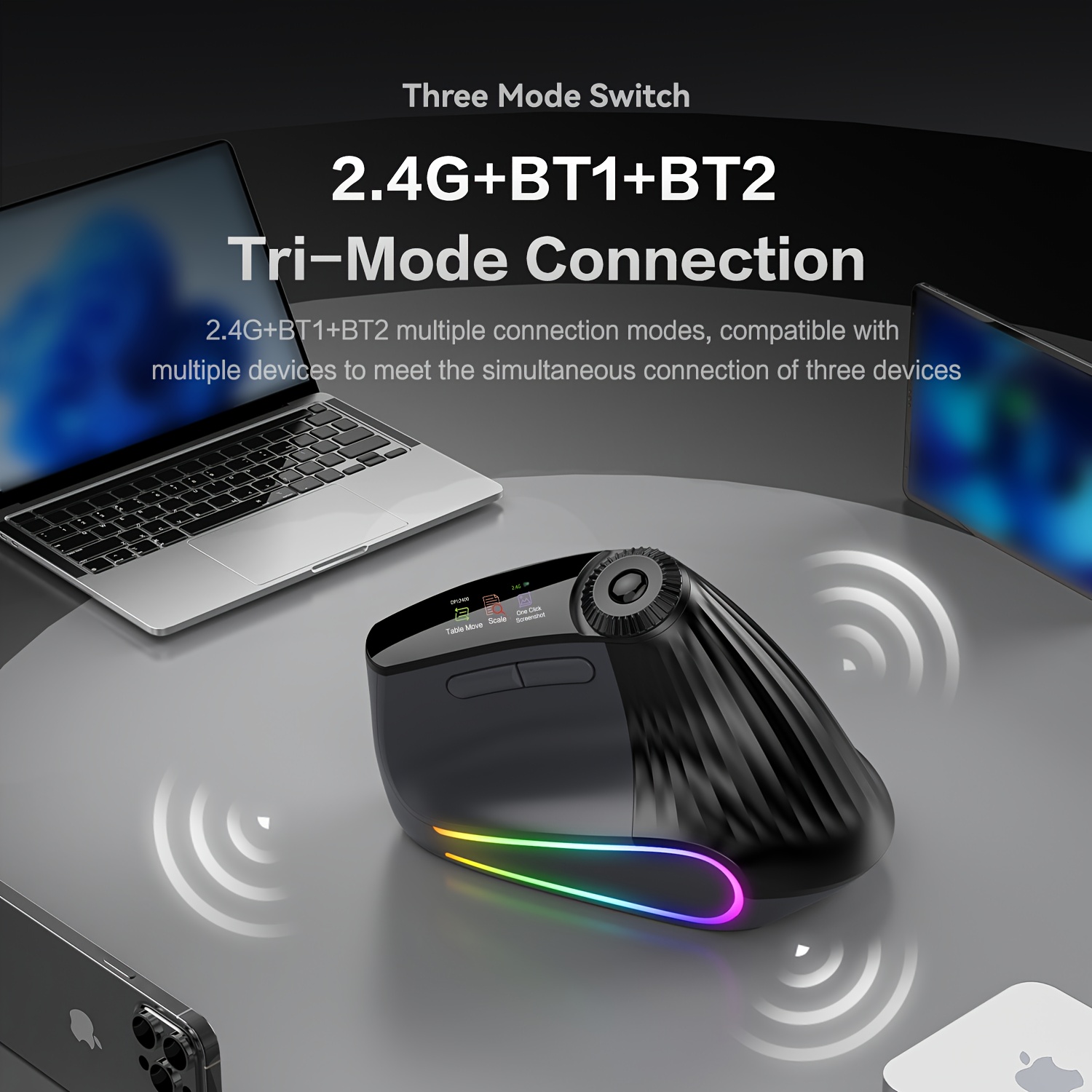 Jomaa RGB Backlit Speed Roller Wireless Vertical Mouse with Function Adjustment Knob Bluetooth USB Ergonomic Mice Slient Click