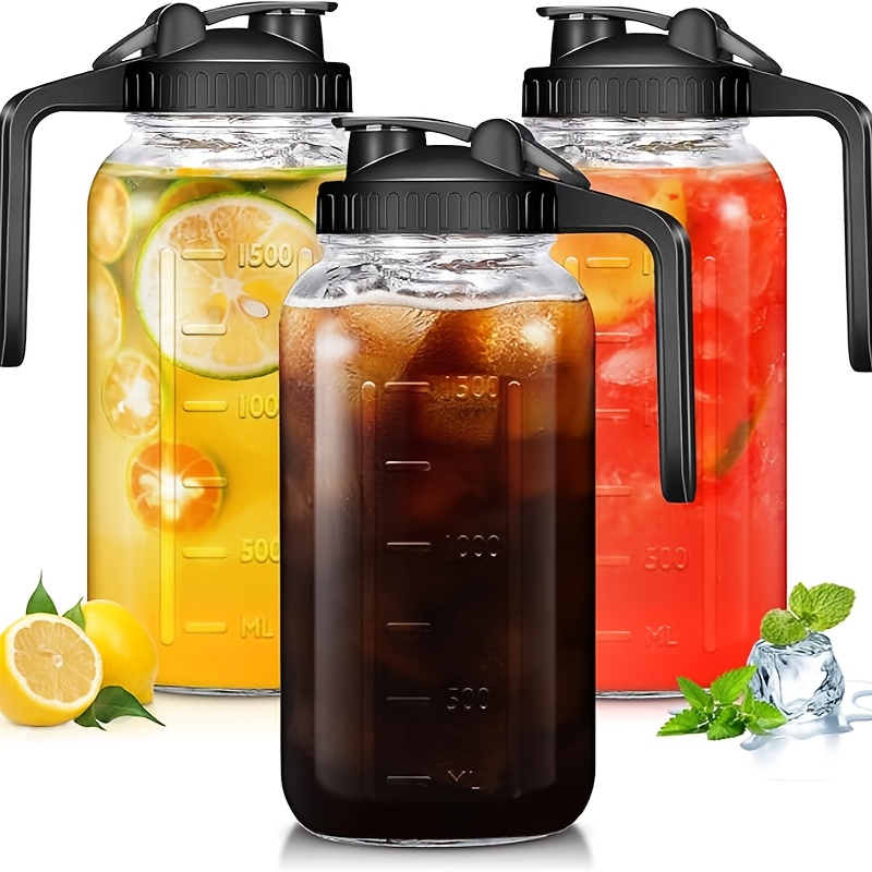 TEMU 3 Packs 64oz Glass Pitcher With Lid, Wide Mouth Mason Jar Water Jug, Leak-proof Airtight Mason Jar For Cold Brew Coffee, Iced Tea, Milk, Food Storage,
