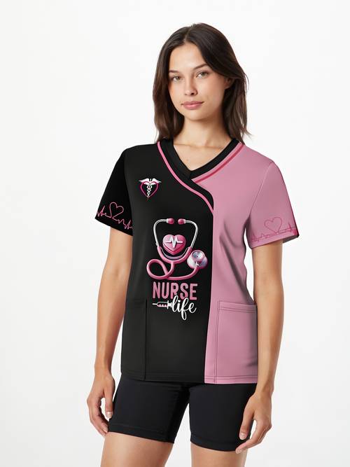 elegant v neck short sleeve polyester nurse t shirt gift with pocket for nurse life