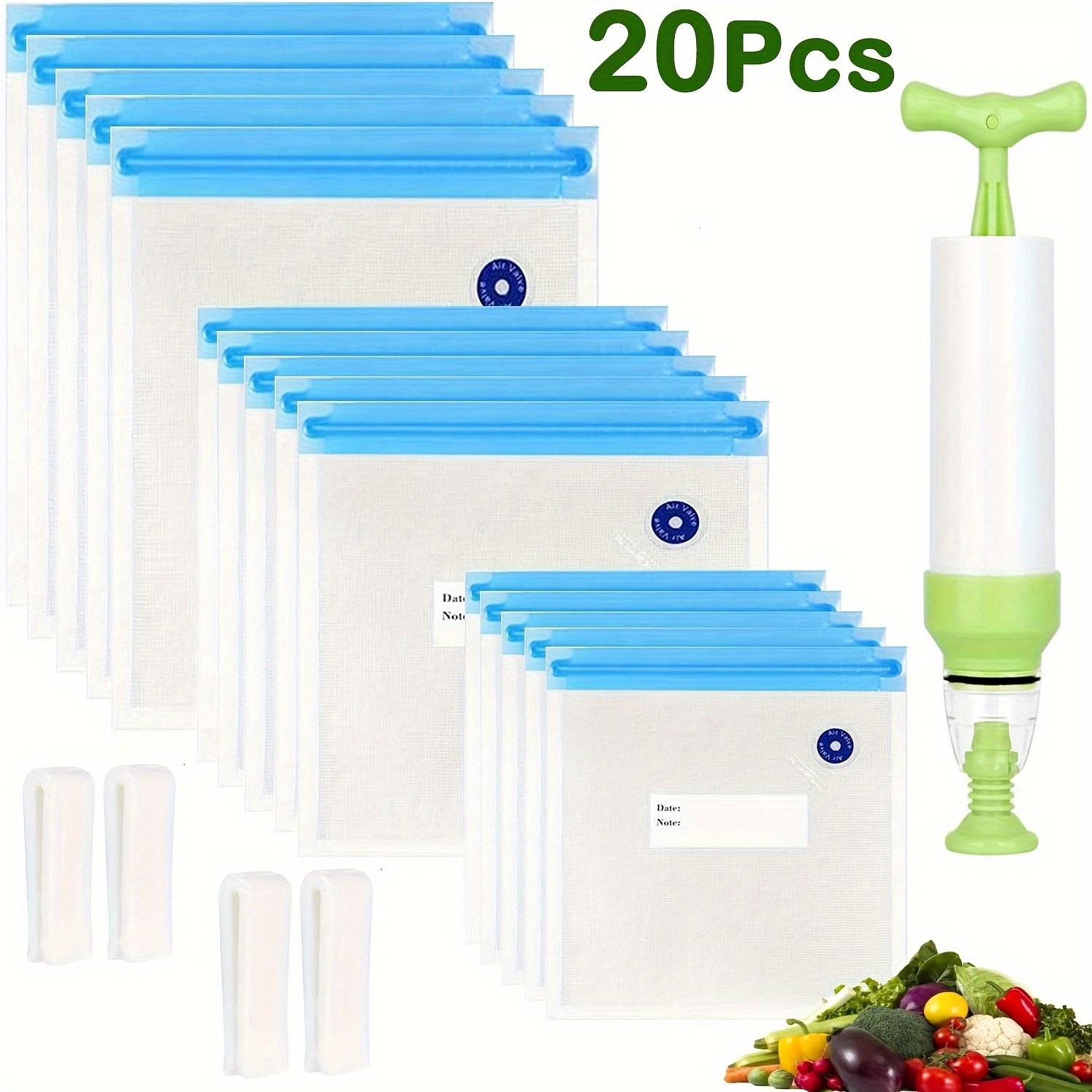 

20pcs Reusable Vacuum Food Storage Bags For Food Storage & Sous Vide Cooking, 3 Sizes Food Vacuum Zipper Bags With 4 Sealing Clips, Hand Pump