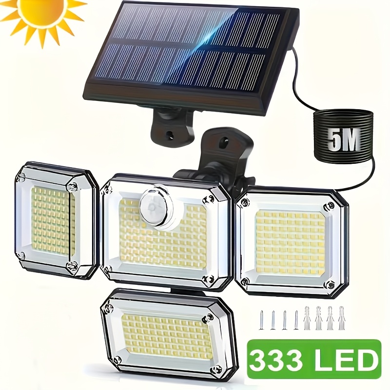 TEMU 1pc 333 Led Solar Light With Motion Sensor - Wall-mount 4-head Solar Floodlight, Solar Garden Light For Patio, Garage, Porch, Yard, Campsite -