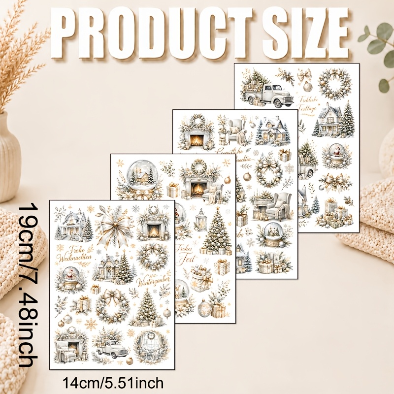 TEMU 4 Sheets/set, Elegant White And Golden Christmas Transfer Paper, Featuring Low- Pale Golden And Silvery Watercolor Snow Scenes With Utensils,