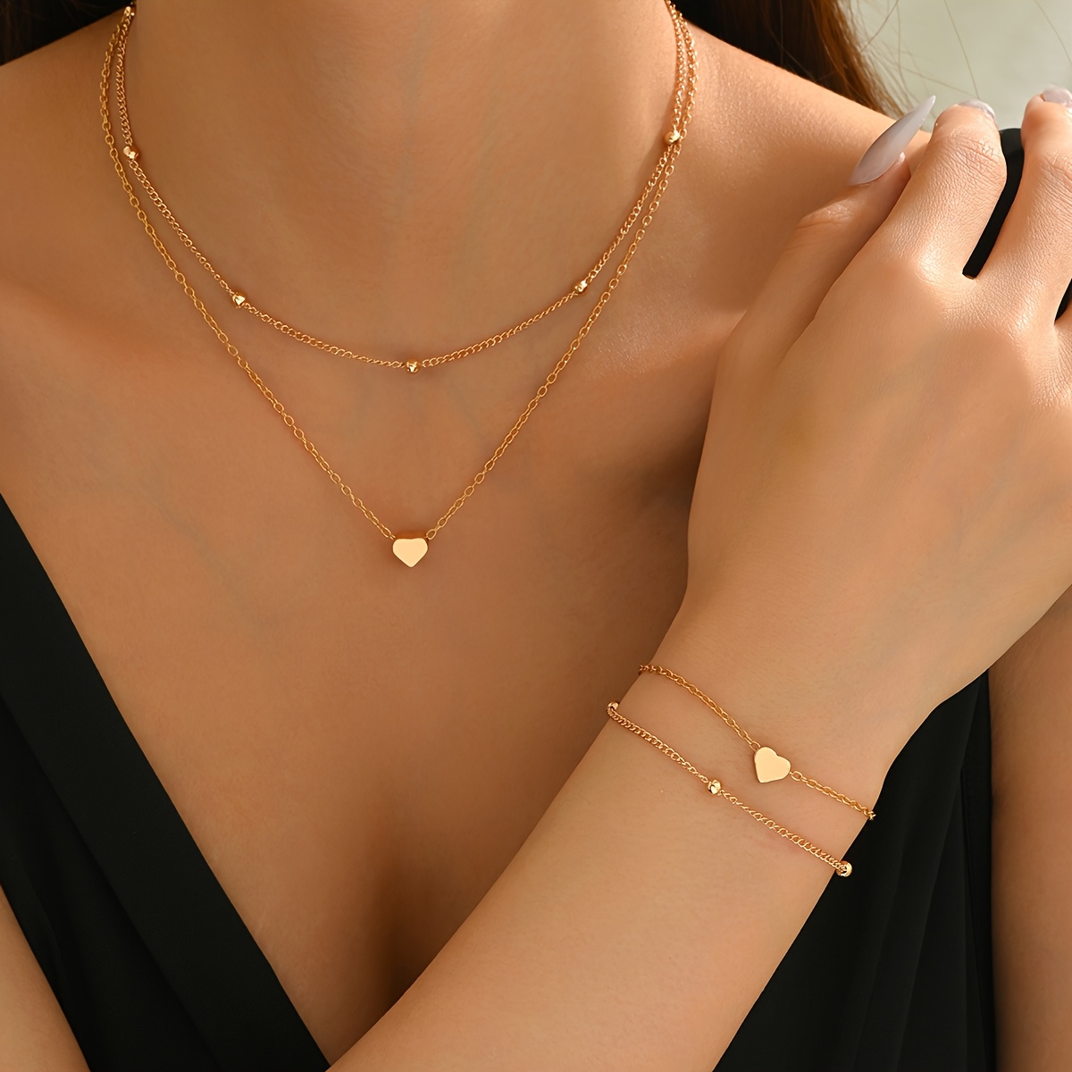 E-shop 2 Elegante Temperament Halskette + Armband Schmuckset, Modischer und Einfacher Geometrischer Metallstil, Kleiner Herzanhänger, Bohnenkette