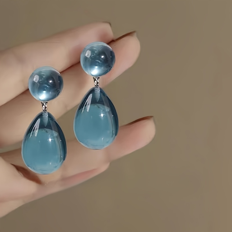 TEMU 1 Pair Vintage Lake Blue Water Drop Earrings Niche Drop Earrings Women's Translucent Trendy Ear Jewelry Women's Gift