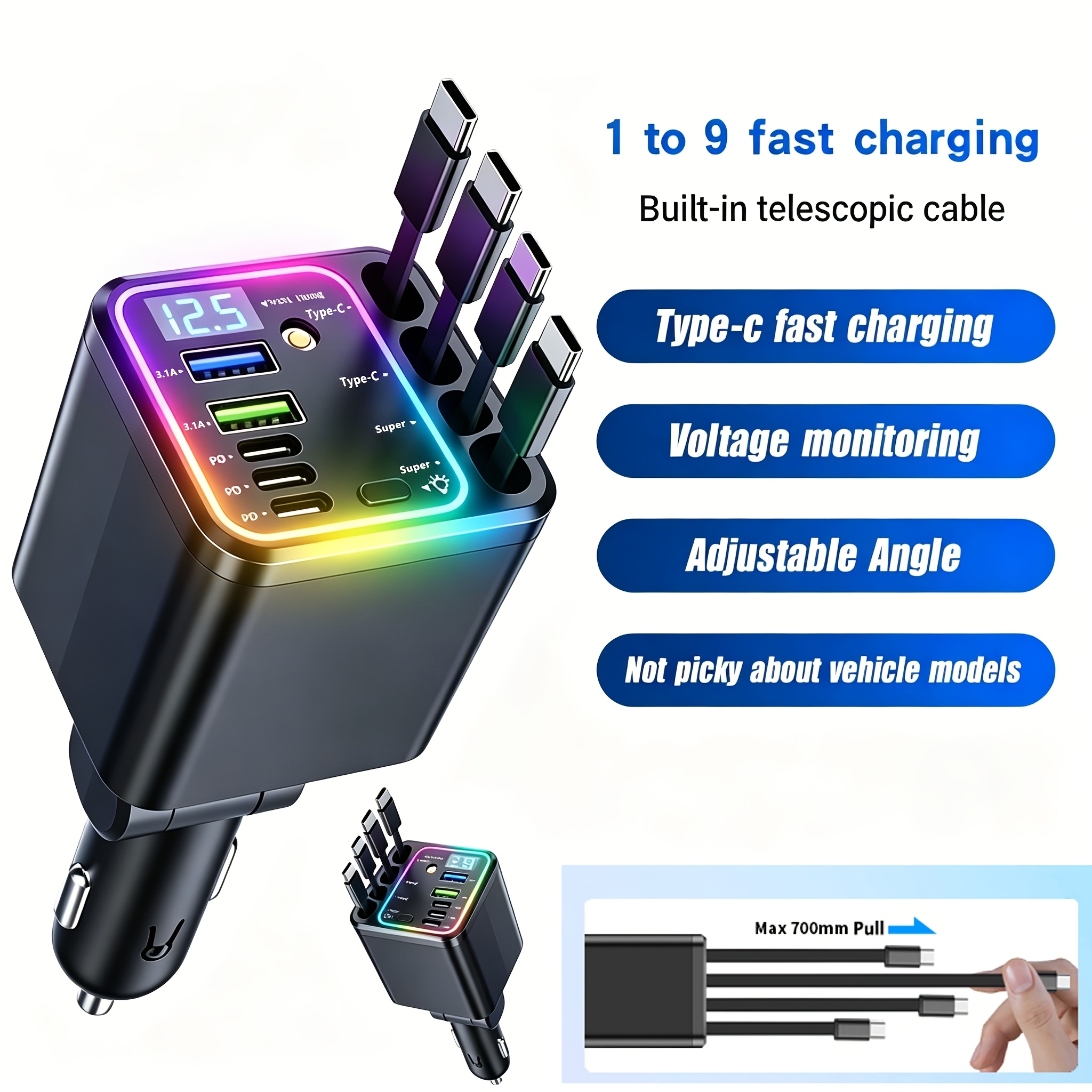 TEMU 9-in-1 Vehicle Fast-charging Charger | Includes 4 Extendable Fast-charging Cables, 180° Angle Adjustment, Led Digital Display, Simple Operation,
