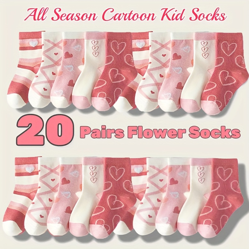 Image of 20-pack Girls' Heart & Strawberry Print Mid-calf Socks - & Strawberry Patterns, Breathable Suitable For,, - Durable & Comfortable For Casual Attire (20 Socks)