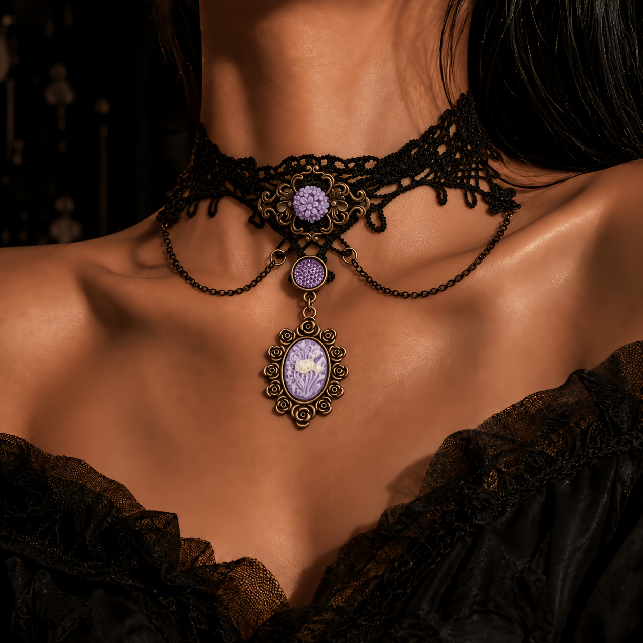 TEMU 1pc Collier Gothique Style Noir Tendance avec Pendentif en Relief et Volants en Dentelle pour Femmes, Choker Moulant, Idéal pour , Banquets,