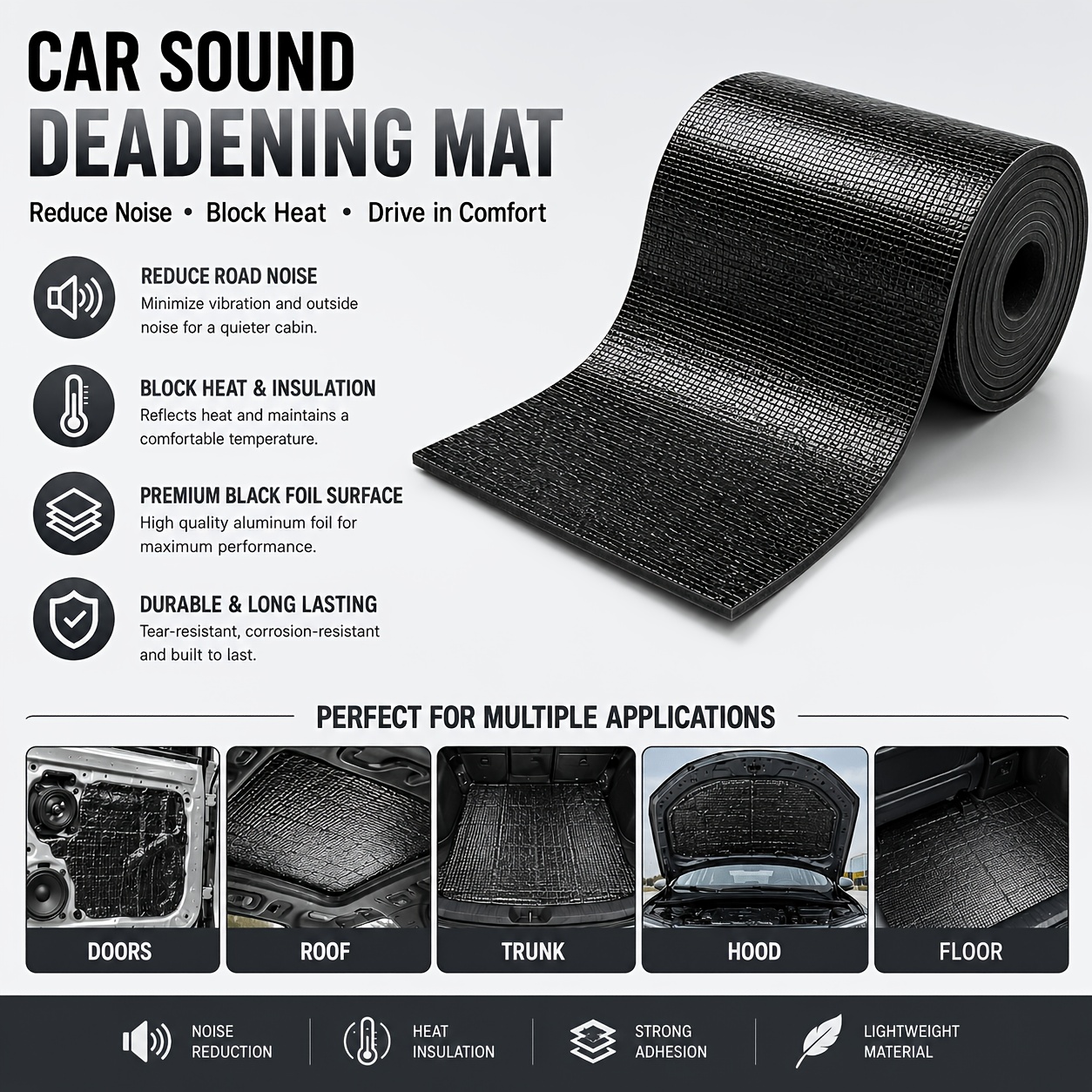 TEMU Black Foil Car Sound Deadening Mat 50cm X 5m X 5mm, Self-adhesive Automotive Heat Insulation Foam Roll, Noise Reduction Deadener Sheet With
