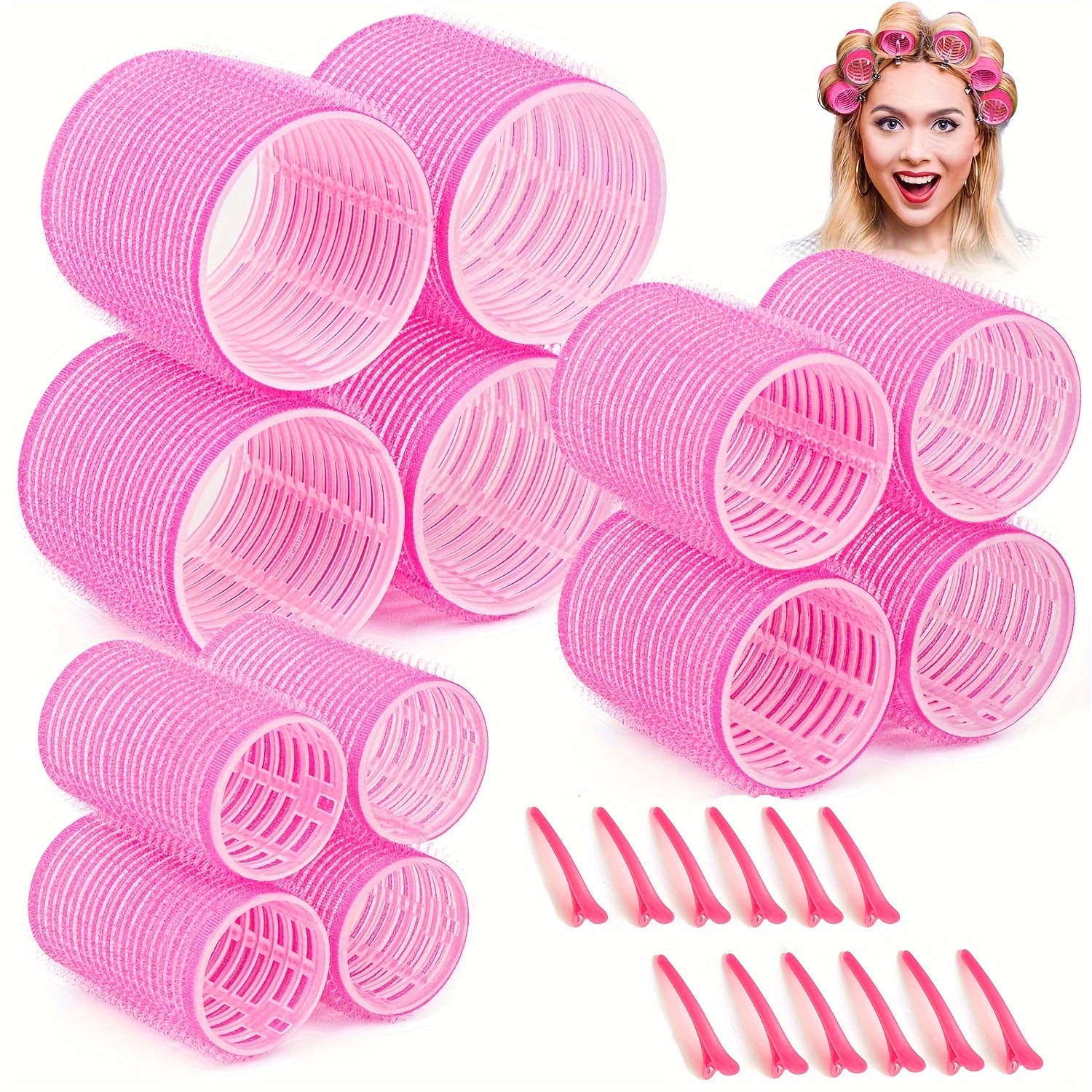 TEMU Jumbo Hair Curlers Rollers 24pcs/set Self-grip Rollers Kit With12rollers And 12clips, Salon Quality Curlers For Diy Hairstyling, Heatless Rollers