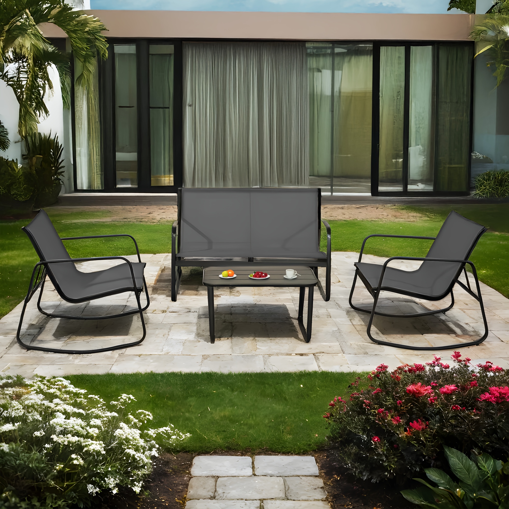 [Outdoor Textilene Set] 4pcs Patio Furniture Set, Outdoor Textilene Conversation Set with Rocking Chairs And Loveseat, with Coffee Table for Garden, Balcony, Poolside, Backyard Lightweight, Water-Resistant And Uv-Resistant - Patio Furniture Outdoor
