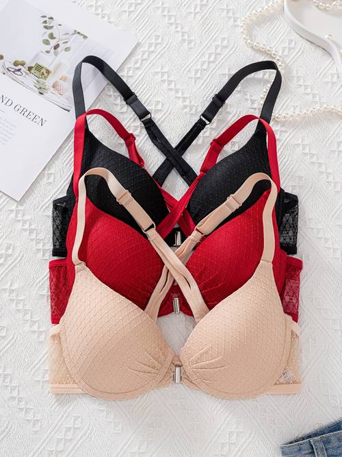 3pcs set of front closure lace bras front hook push up comfortable and breathable coverage bras valentines day womens lingerie