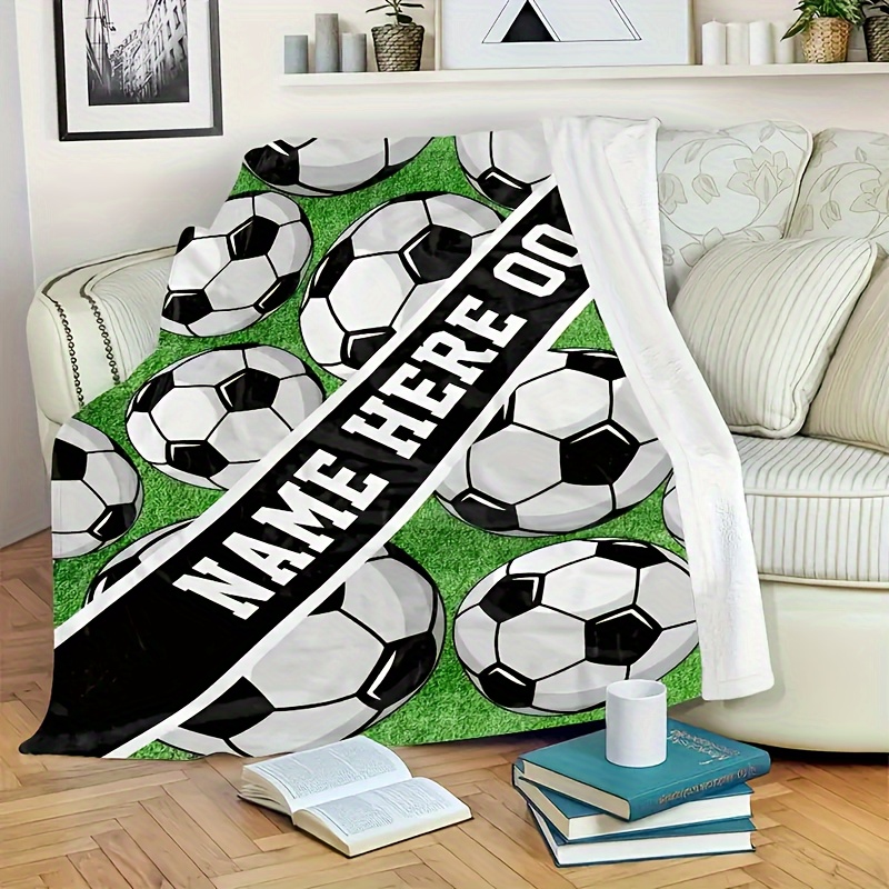 TEMU Customizable Soccer Ball Flannel Fleece Throw Blanket - Personalized Name & Number, Hypoallergenic, All Seasons Multipurpose Contemporary Style