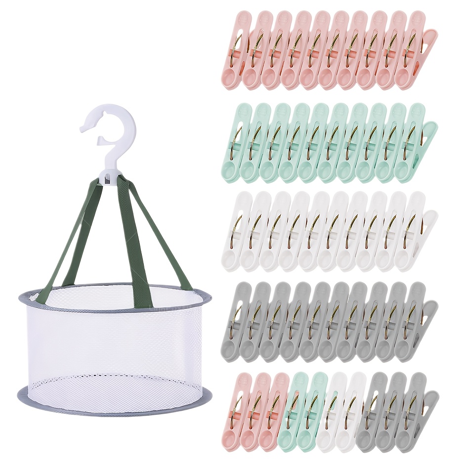 Image of 48 Clothespins With Clothespin Basket, Windproof Colorful Clothespins Without Marks, Plastic Clothespin Bag, Sock Clips For Clotheslines And Clothing, Clothes Pins