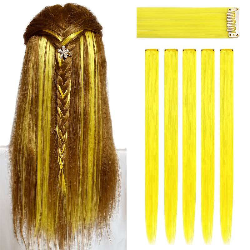 TEMU 5pcs Yellow Hair Extensions | 24" Clip-in Hair Extension | Straight Long Hair Extensions Clip-in Hair Synthetic Straight Hair Piece Suitable For