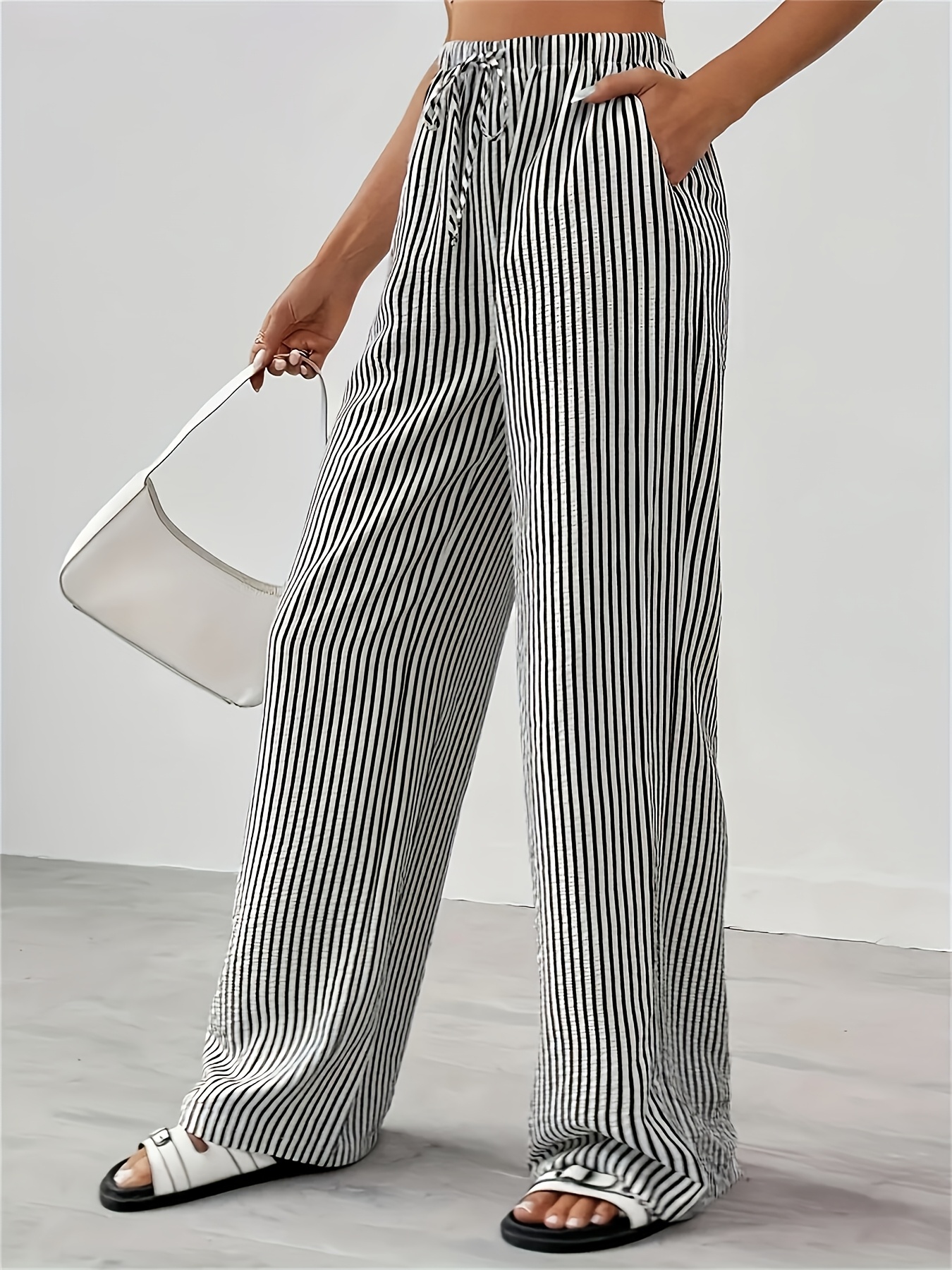 women's fashionable wide leg striped pants black white Temu