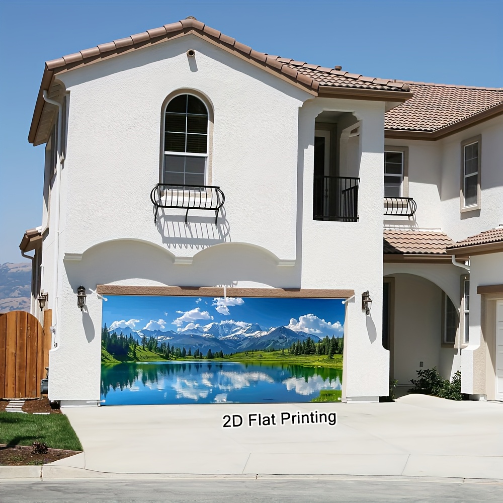 1pc Elegant Mountain and Lake Landscape Garage Door Cover - 2D Flat Printing, Easy to Hang Outdoor Banner for All Seasons, Festive Decor for Home, Garden, or Themed Events, Outdoor Decor