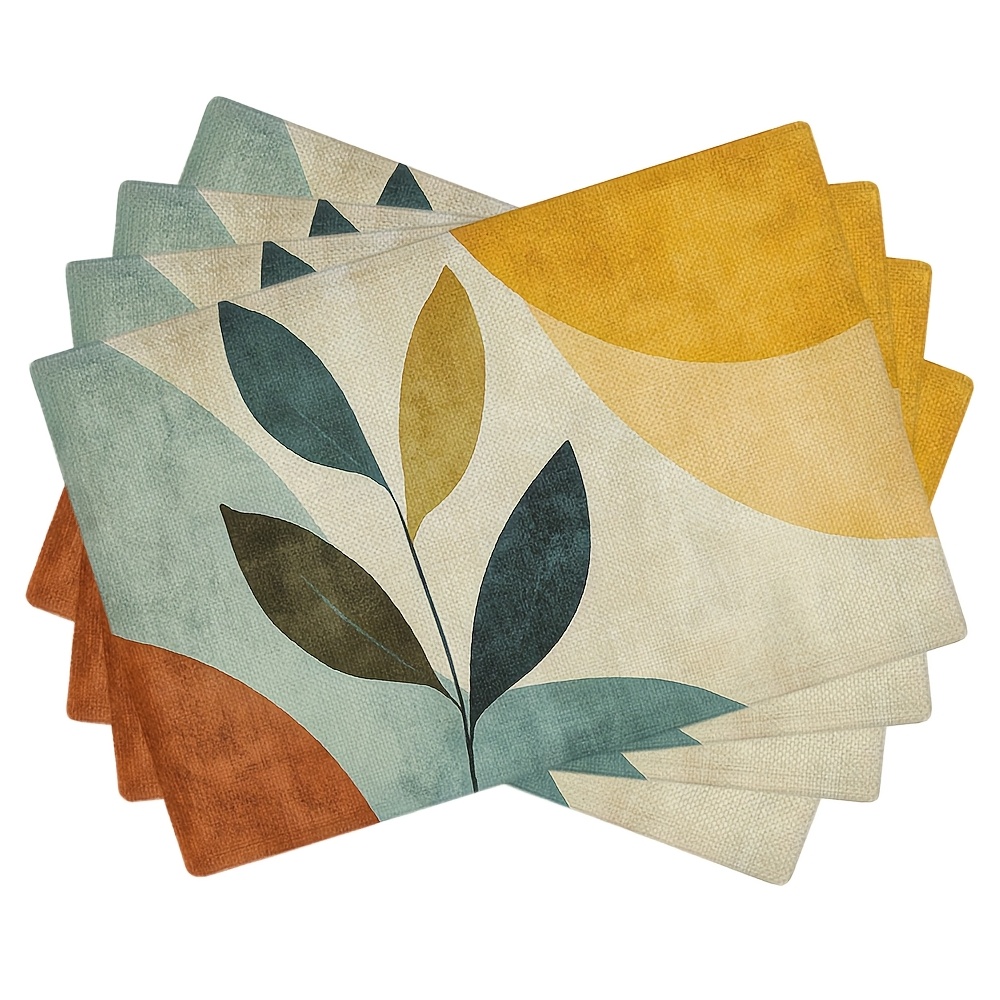 4pcs Abstract Leaf Design Placemats - Machine Washable Polyester Rectangular Table Mats For Dining Room, Kitchen And Home Decor - Modern Featuring 2 Dark Leaves With Orange, Green, Blue