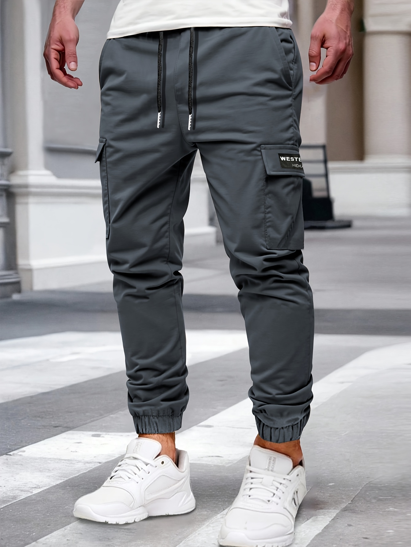 mens casual solid color cargo pants with elastic waist and side pockets comfortable for outdoor activities regular fit details 6