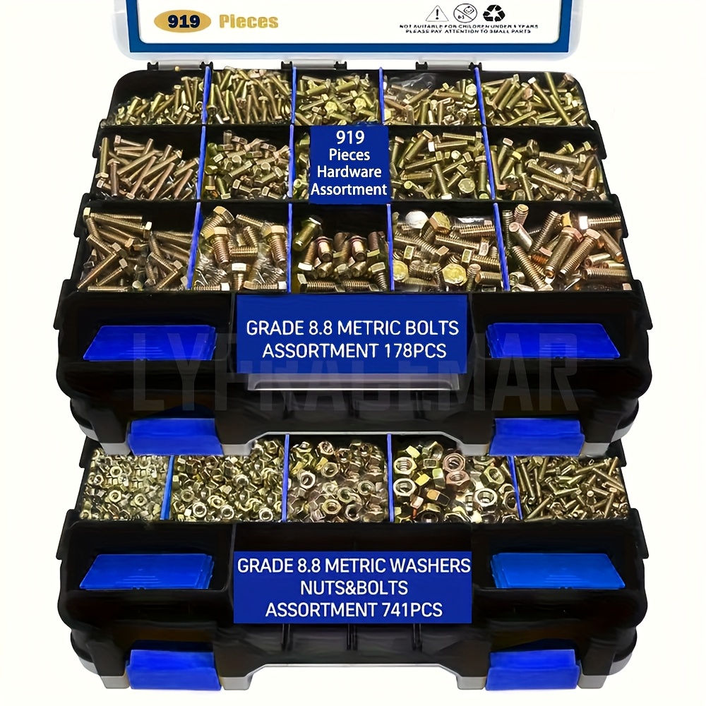 E-shop 919-teiliges Schwerlast-Schrauben- Muttern-Set, gelb verzinkt, 8.8 Grad Metrisch M4 M5 M6 M8, Muttern, Schrauben Unterlegscheiben mit
