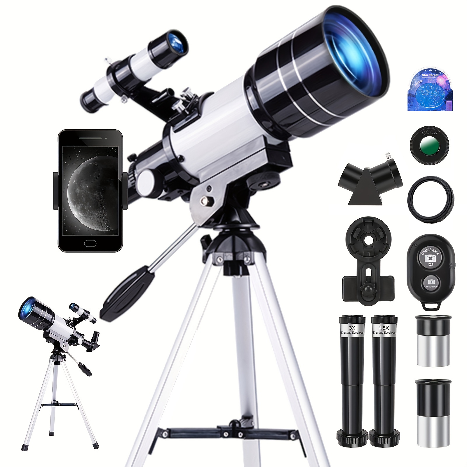 item picture 150x Telescope, 70mm Aperture Telescope, High Magnification, Portable Astronomical Telescope, with Tripod Phone Adapter and Wireless Remote Control, Telescope for Phone