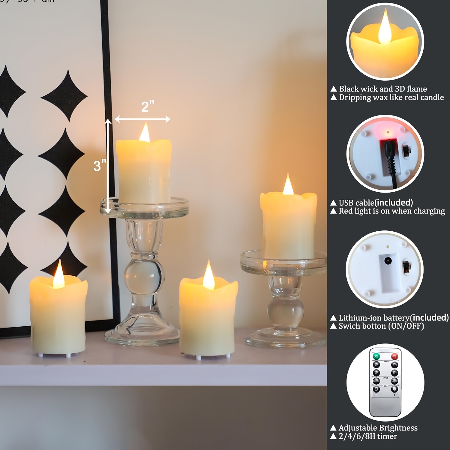 TEMU 4pcs Rechargeable Flameless Votive Candles | Battery Operated Tea Lights With Remote Timer, Led Flickering Wax Candles With 3d Flame Effect,