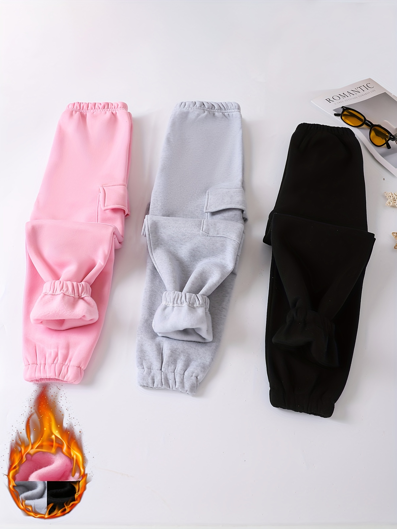 Girls' 3pcs Fleece-Lined Cargo Pants Set for Winter