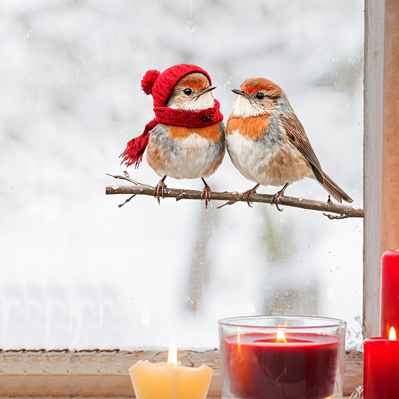 TEMU Reusable Electrostatic Adhesive Window Stickers Featuring 2 Birds On Top With Red Berries And Christmas Hats. Removable Pvc Non-sticky Winter